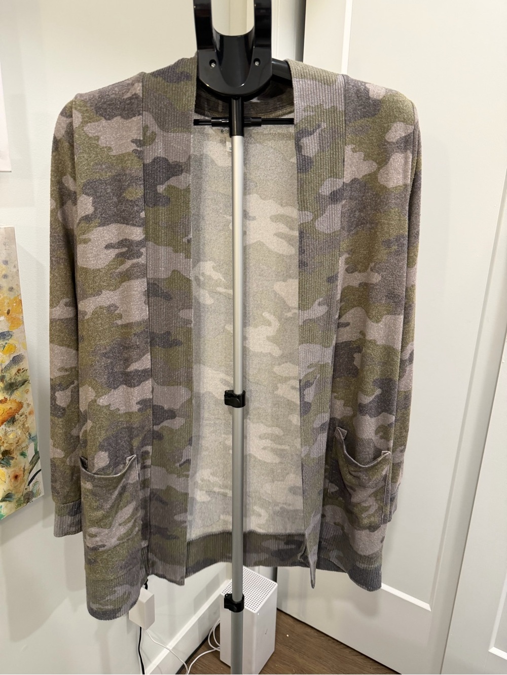 Market & Spruce Camo Open-Front Cardigan in Olive, Gray and Tan